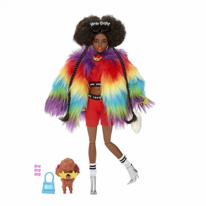 barbie extra doll in rainbow coat with pet poodle