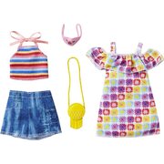 Barbie 2-Pack Clothing Summery Off-The-Shoulder Print Dress, Striped Halter Top & Denim Shorts and Accessories