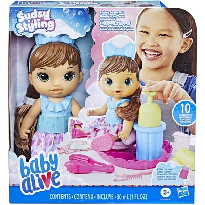 Baby Alive Sudsy Salon Styling Doll 12-Inch Brown Hair