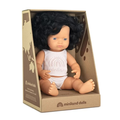 Miniland Educational Baby Doll Caucasian Girl Black Curly Hair 38cm