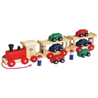 Fun Factory Wooden Pull Along Toys Car Transporter Semi Trailer Train W/ 6 CARS /4 PEOPLE
