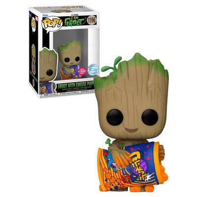 Funko Pop Marvel I Am Groot TV Groot with Cheese Puffs (Flocked) #1196 Vinyl Figure