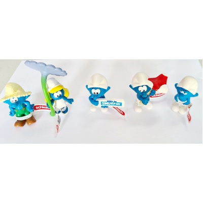 Schleich Smurfs Set of 5 - Grouchy, Good luck Charm, Farmer, Smurfette with Flower, Sign Keep on Smurfin