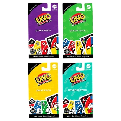 4 x UNO Add-On Packs Card Game (Reverse, Swap, Stack, and Speed)