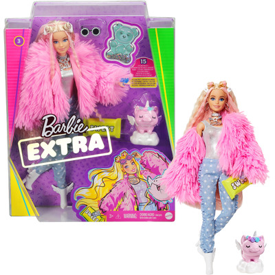 Barbie Extra Doll #3 in Pink Coat with Pet Unicorn