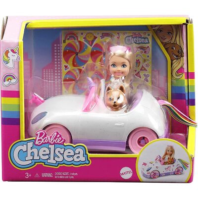 Barbie Chelsea Doll with Open-Top Unicorn Car & Sticker Sheet GXT41