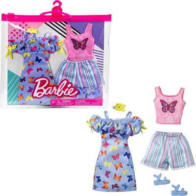 Barbie Fashions 2-Pack Clothing Outfits Butterfly Print Dress, Butterfly Tank & Blue Shorts and Accessories
