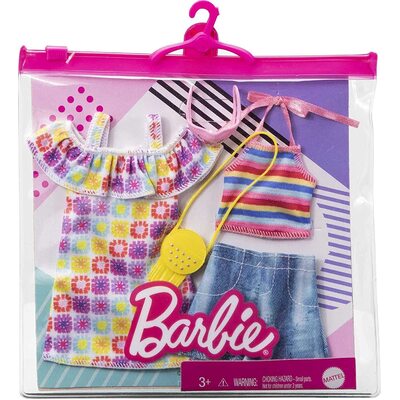 Barbie 2-Pack Clothing Summery Off-The-Shoulder Print Dress, Striped Halter Top & Denim Shorts and Accessories