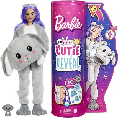Barbie Cutie Reveal Purple Hair Doll Grey Bunny