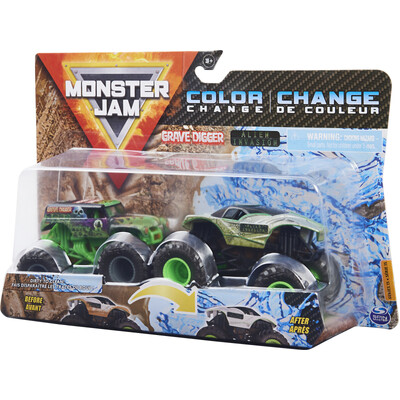 Monster Jam Color-Change 1:64 2 Pack Dirty to Clean Grave Digger vs Alien Invasion Trucks