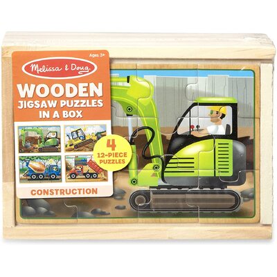 Melissa & Doug Wooden Jigsaw Puzzles in a Box Construction Vehicles 4-in-1